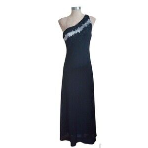 Chelsea Nites Black Beaded Maxi Dress Sz 14 Y2K Formal Vtg 90s Lined 1 Shoulder